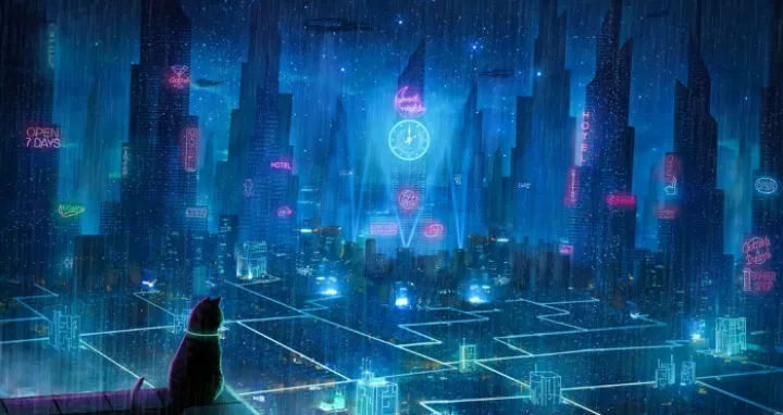 Cat in cyberbunk city