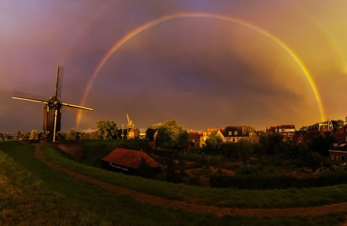 Double rainbow all the way across the sky. Heusden, the Netherlands.