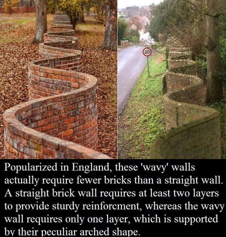 England&#039;s &#039;wavy&#039; walls appear longer, but require fewer bricks, than a straight wall.