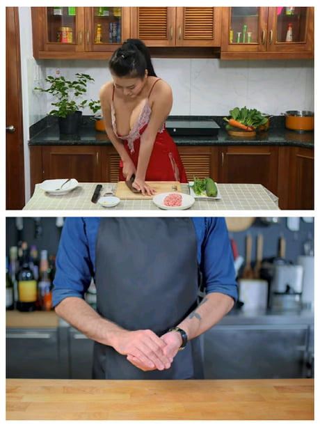 Girl vs guy making cooking video pt.2 Nip slip