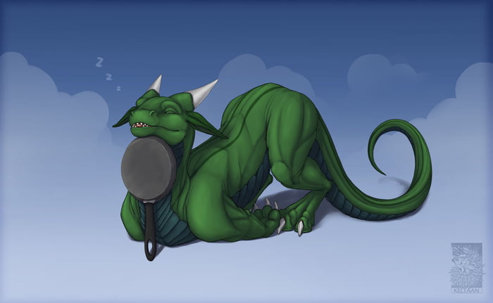 Just a dragon having a nap on a pan. You're welcome