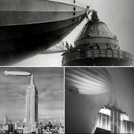 Passengers boarding an airborne zeppelin from the top of the Empire State building.