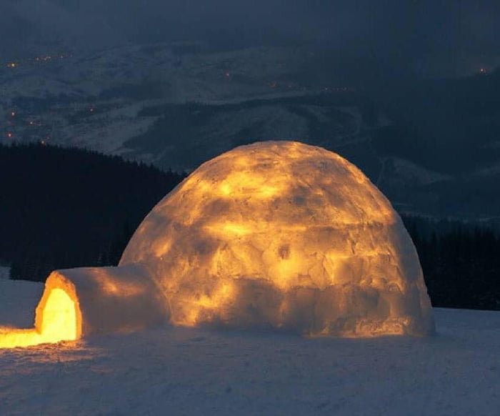 This is what an Igloo looks like when you build a fire inside. The fire inside melts the inner layer of ice, and the cold outside refreezes it, adding a layer of insulation that can keep the igloo at 60&deg; inside while it&#039;s -50&deg; outside.